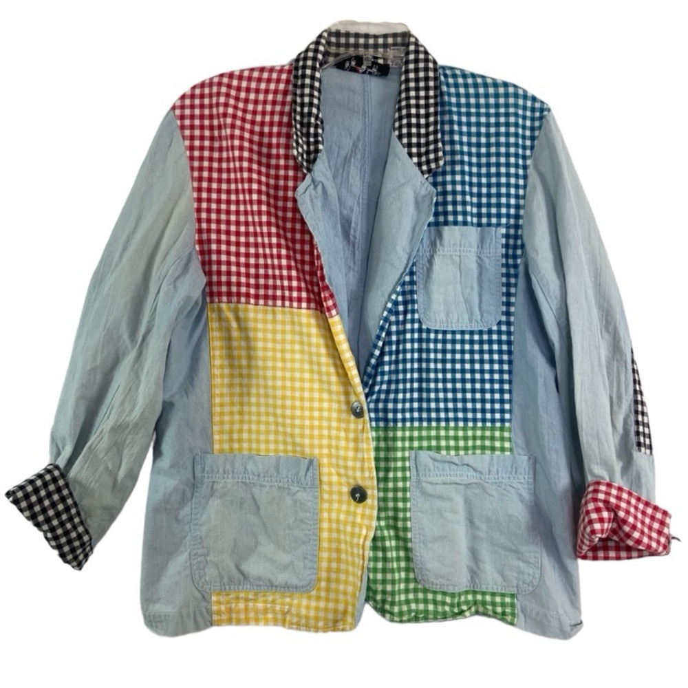 Claus sport vintage retro seersucker colorblock art denim blazer. Size Medium
